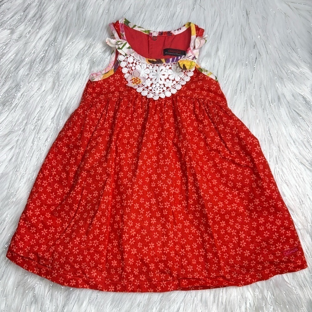 Catimini Toddler Girl size 3 Red Floral Crochet Mixed Print Tent Dress